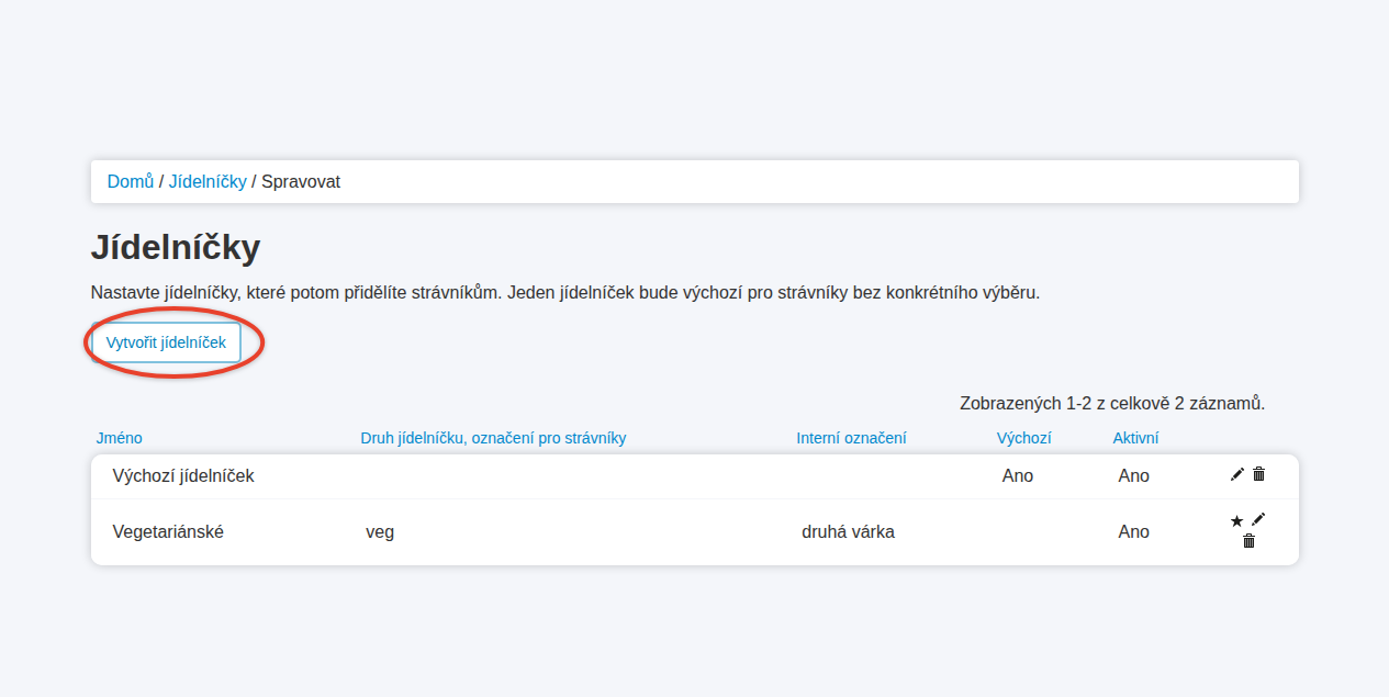 Stránka Jídelníčky se seznamem jídelníčků – ovál kolem tlačítka Vytvořit jídelníček